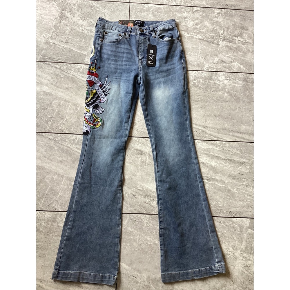 Ed Hardy Slim Flare Jeans Womens 26 Medium Vintage Blue Tattoo Embroidered Logo - Picture 3 of 12